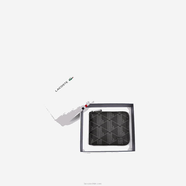 hombres Lacoste monograma noir gris h45 cartera pequeña con cremallera y monograma N6XZ22126