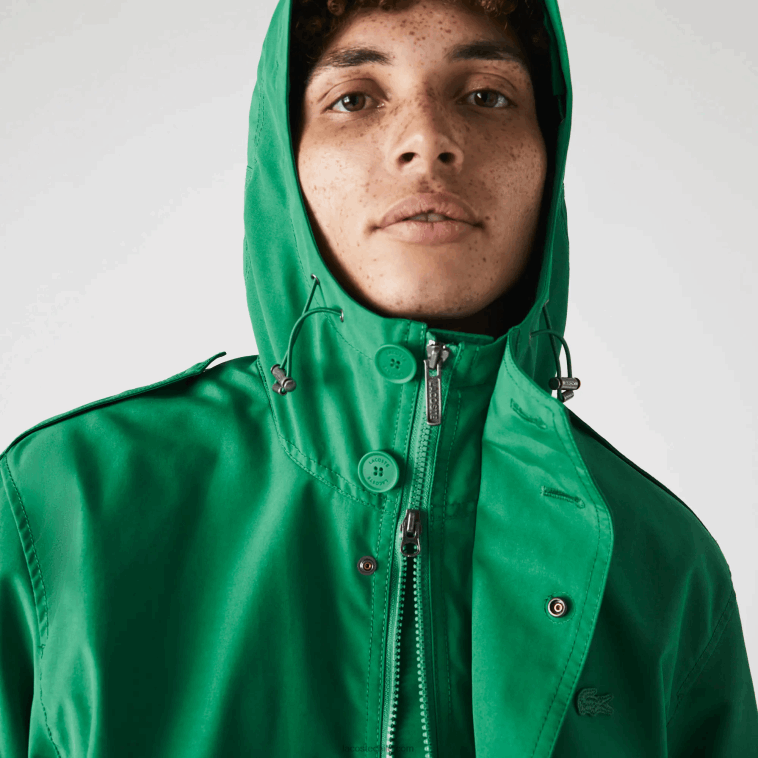 hombres Lacoste ldm verde parka corta con capucha de mezcla de algodón resistente al agua N6XZ21313