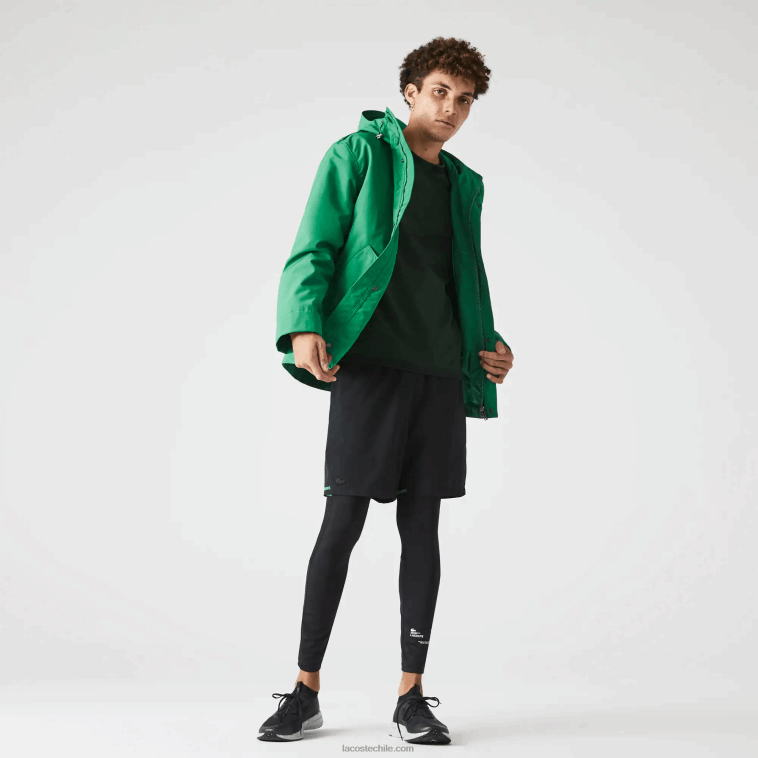 hombres Lacoste ldm verde parka corta con capucha de mezcla de algodón resistente al agua N6XZ21313