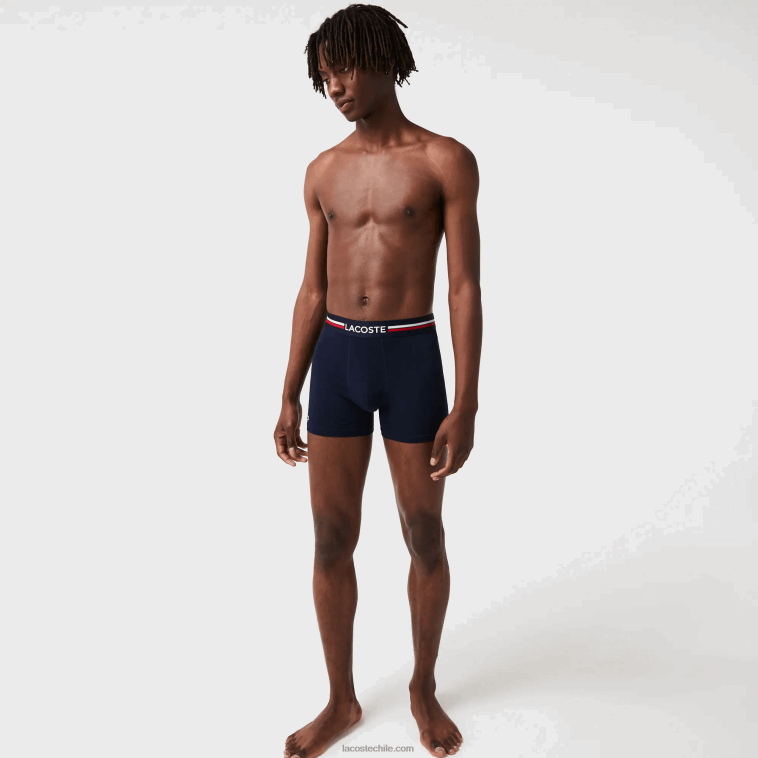 hombres Lacoste azul marino blanco 525 Pack de 3 calzoncillos bóxer largos de punto de algodón elástico N6XZ21424