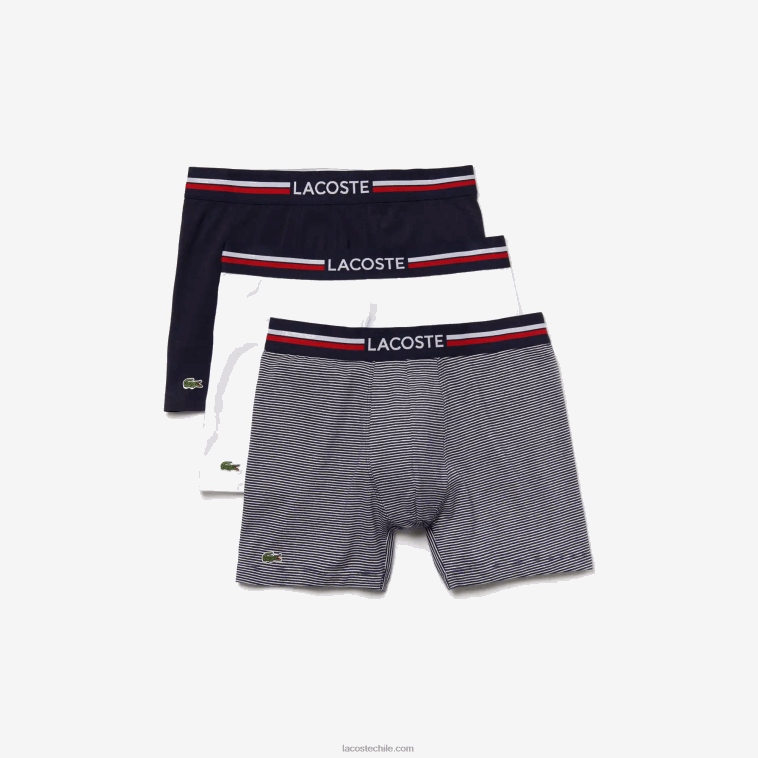 hombres Lacoste azul marino blanco 525 Pack de 3 calzoncillos bóxer largos de punto de algodón elástico N6XZ21424