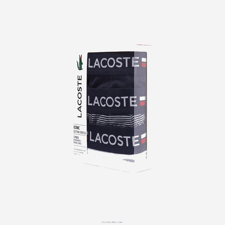 hombres Lacoste azul marino blanco 525 Pack de 3 calzoncillos bóxer largos de punto de algodón elástico N6XZ21424