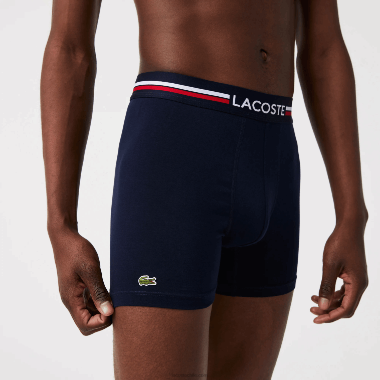 hombres Lacoste azul marino blanco 525 Pack de 3 calzoncillos bóxer largos de punto de algodón elástico N6XZ21424