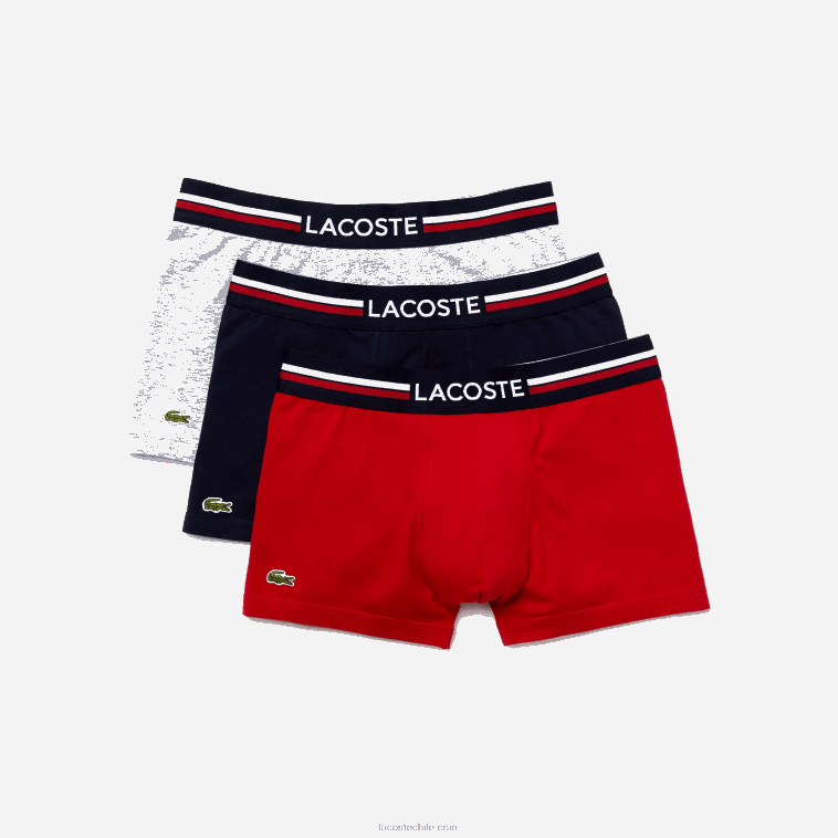 hombres Lacoste azul marino gris rojo chine w34 Pack de 3 calzoncillos icónicos con cinturilla en tres tonos N6XZ21347
