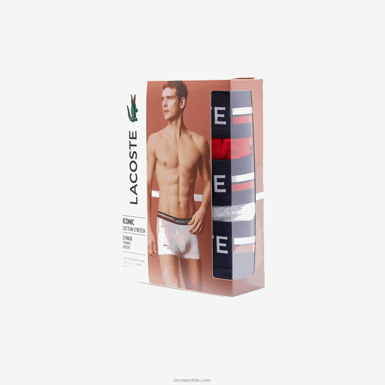 hombres Lacoste azul marino gris rojo chine w34 Pack de 3 calzoncillos icónicos con cinturilla en tres tonos N6XZ21347
