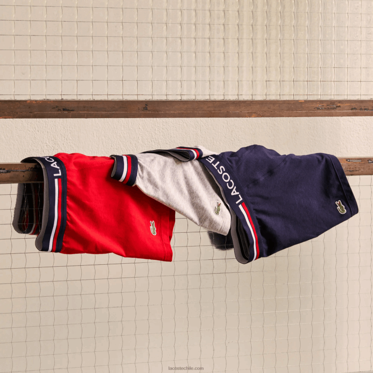 hombres Lacoste azul marino gris rojo chine w34 Pack de 3 calzoncillos icónicos con cinturilla en tres tonos N6XZ21347