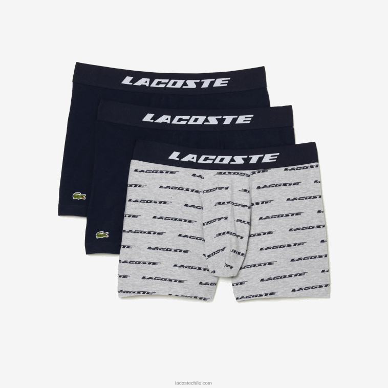hombres Lacoste gris chino azul marino 9zu Pack de 3 bóxers de punto con logo estampado N6XZ2446