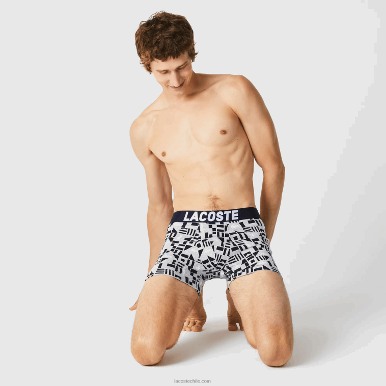 hombres Lacoste gris chino azul marino blanco 5kc pack de 3 calzoncillos bóxer con estampado náutico N6XZ21524