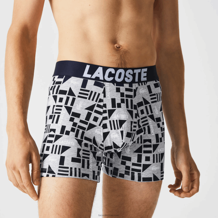 hombres Lacoste gris chino azul marino blanco 5kc pack de 3 calzoncillos bóxer con estampado náutico N6XZ21524