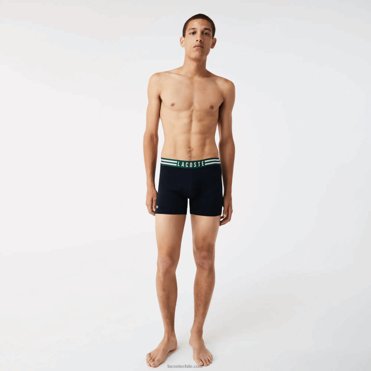 hombres Lacoste gris chino blanco azul marino tya Pack de 3 calzoncillos bóxer largos de algodón elástico con cintura a rayas N6XZ21434