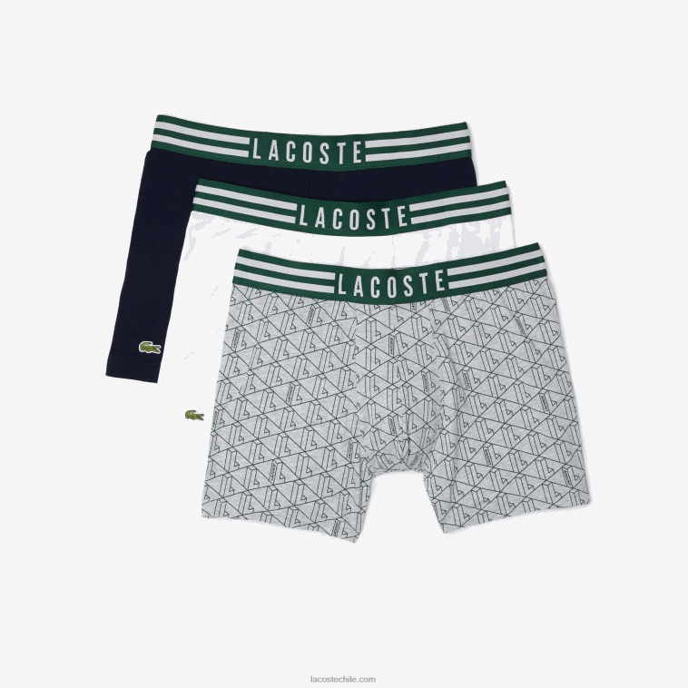 hombres Lacoste gris chino blanco azul marino tya Pack de 3 calzoncillos bóxer largos de algodón elástico con cintura a rayas N6XZ21434