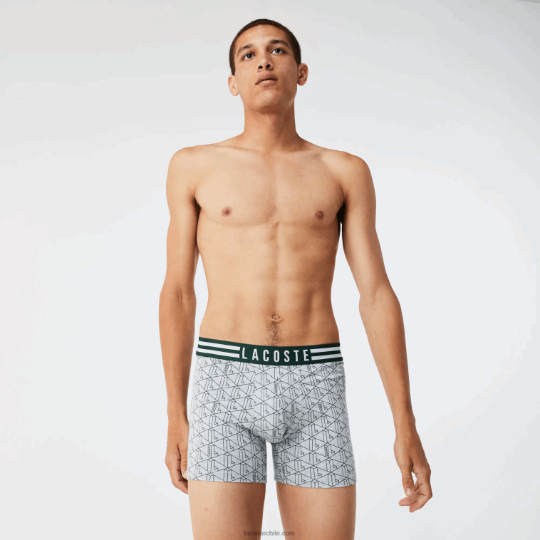 hombres Lacoste gris chino blanco azul marino tya Pack de 3 calzoncillos bóxer largos de algodón elástico con cintura a rayas N6XZ21434