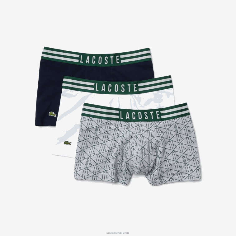 hombres Lacoste gris chino blanco azul marino tya Pack de 3 calzoncillos de algodón elástico con cintura a rayas N6XZ21396
