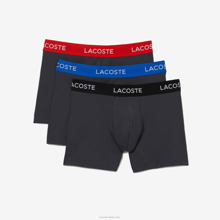 hombres Lacoste gris oscuro rojo azul negro 8w3 Pack de 3 calzoncillos de microfibra con cintura a rayas N6XZ21528