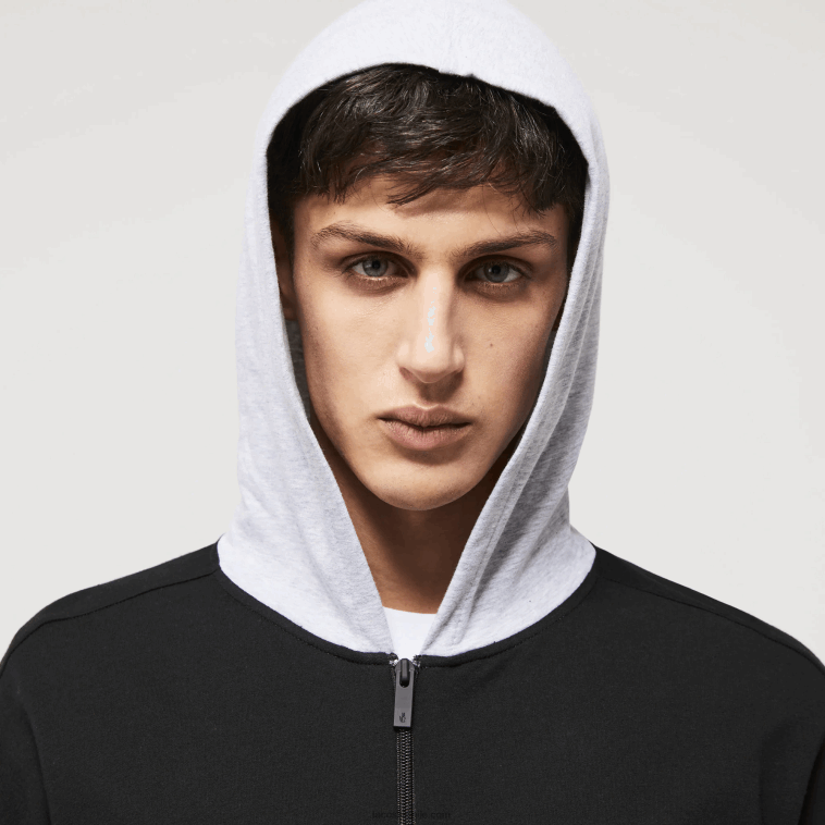 hombres Lacoste lomo gris negro snp sudadera con capucha interior de polar de algodón con logo N6XZ21474