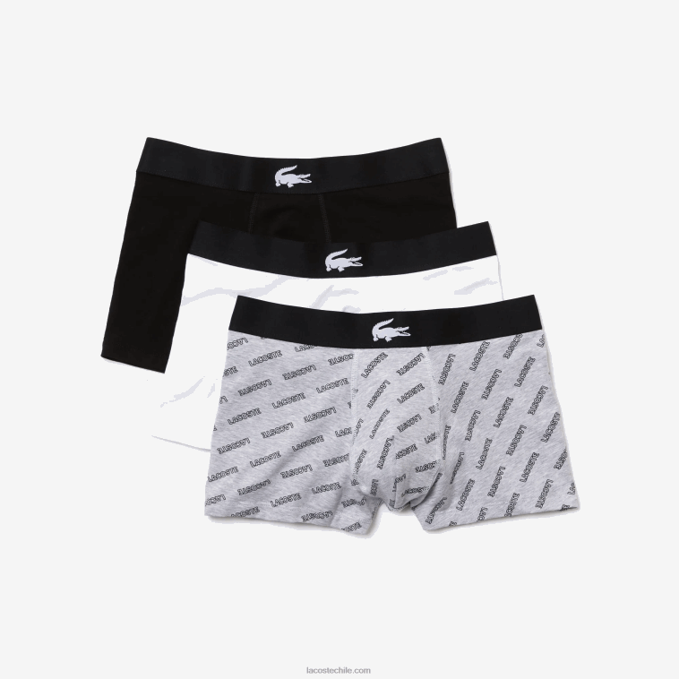 hombres Lacoste negro gris chin blanco eqd pack de 3 calzoncillos de algodón stretch N6XZ21431