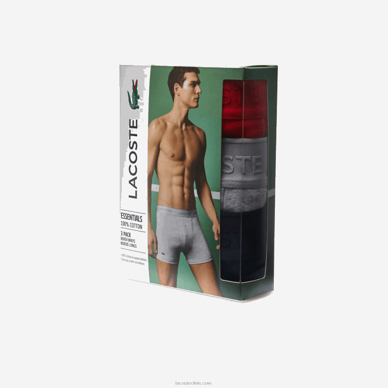 hombres Lacoste rojo gris chino azul marino w46 Pack de 3 calzoncillos bóxer largos de algodón con cintura con letras N6XZ21357
