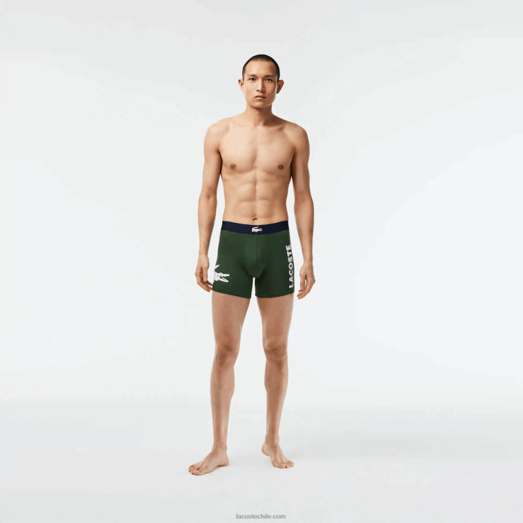 hombres Lacoste verde azul marino blanco p52 Pack de 3 calzoncillos bóxer largos de algodón elástico con cintura de cocodrilo N6XZ21368