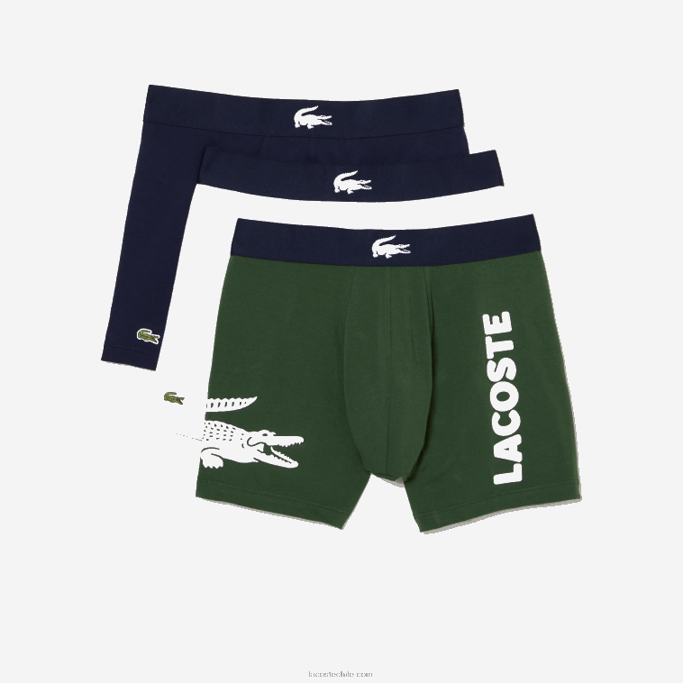 hombres Lacoste verde azul marino blanco p52 Pack de 3 calzoncillos bóxer largos de algodón elástico con cintura de cocodrilo N6XZ21368