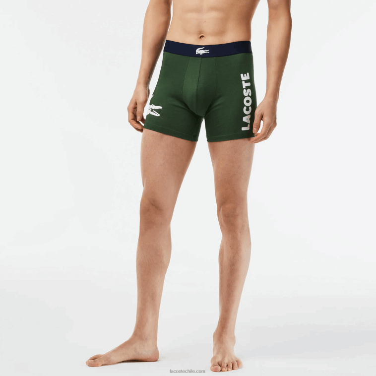 hombres Lacoste verde azul marino blanco p52 Pack de 3 calzoncillos bóxer largos de algodón elástico con cintura de cocodrilo N6XZ21368
