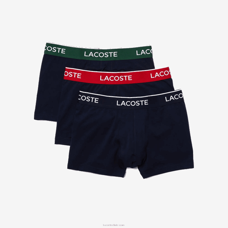 hombres Lacoste verde rojo azul marino hy0 Pack de 3 calzoncillos bóxer casual azul marino con cinturilla a contraste N6XZ21455