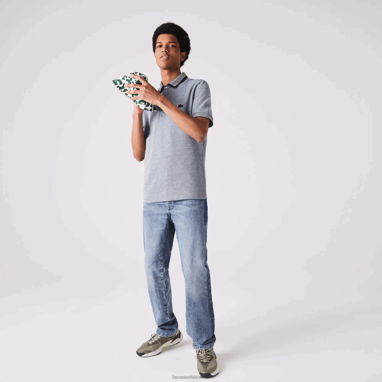hombres Lacoste azul marino blanco bdv polo regular fit de algodón con acabados a rayas N6XZ2873