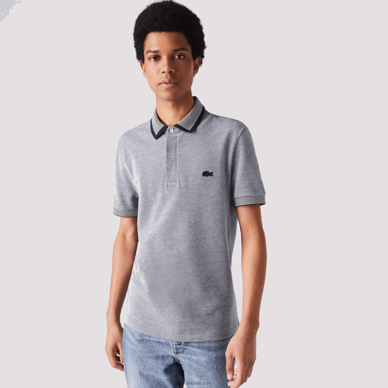hombres Lacoste azul marino blanco bdv polo regular fit de algodón con acabados a rayas N6XZ2873