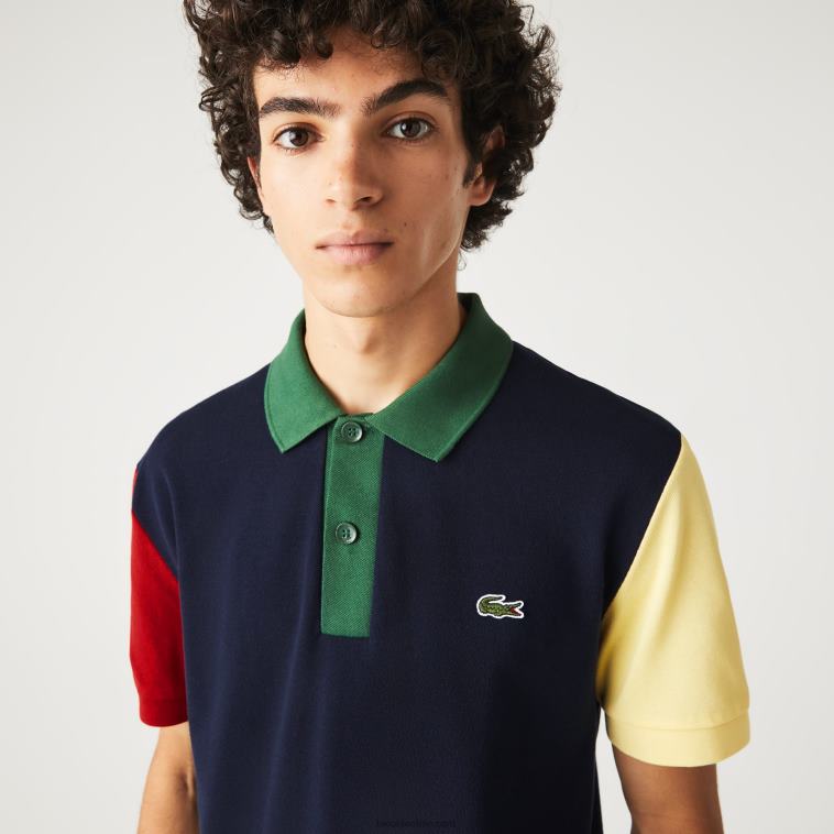 hombres Lacoste azul marino rojo amarillo verde 821 polo de petit piqué de algodón con bloques de color de corte regular N6XZ2558