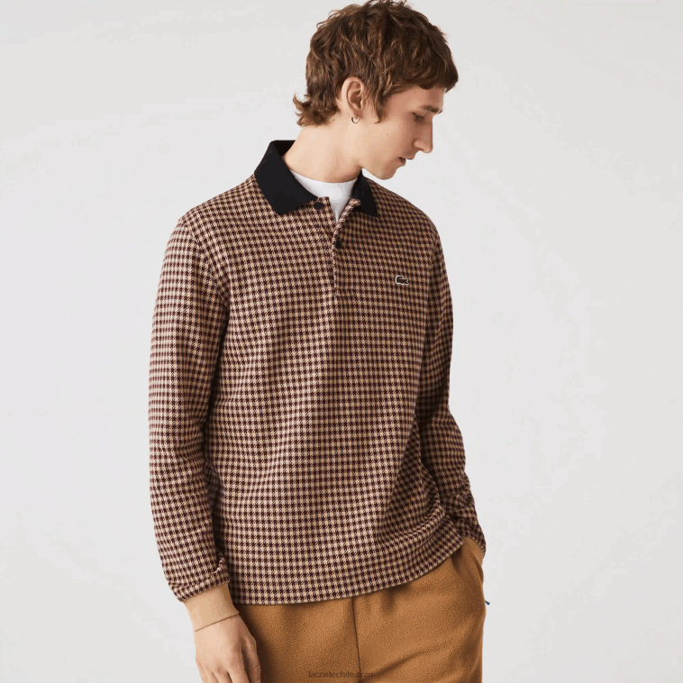 hombres Lacoste beige azul marino burdeos v40 polo de corte holgado con estampado de tartán N6XZ2924