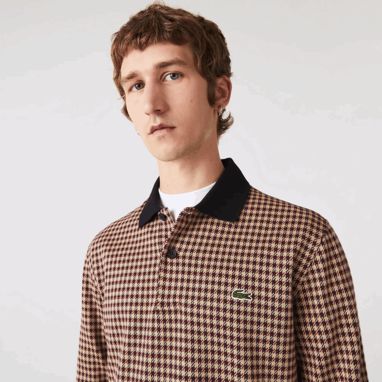 hombres Lacoste beige azul marino burdeos v40 polo de corte holgado con estampado de tartán N6XZ2924