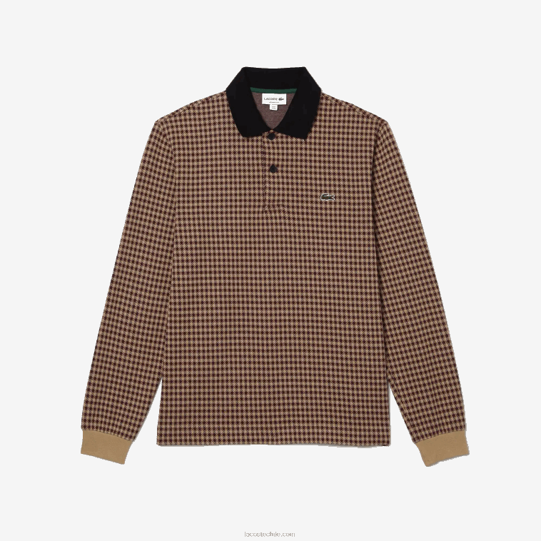 hombres Lacoste beige azul marino burdeos v40 polo de corte holgado con estampado de tartán N6XZ2924
