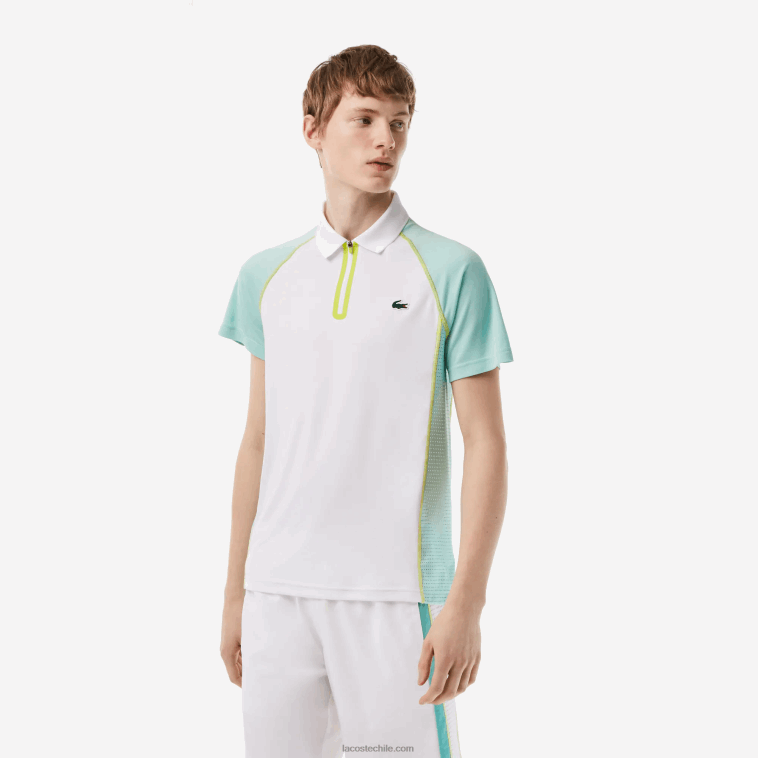 hombres Lacoste blanco verde claro amarillo awc polo de tenis de poliéster reciclado con tecnología ultra-dry N6XZ2137