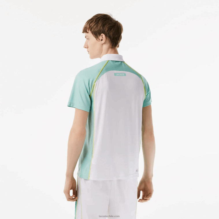 hombres Lacoste blanco verde claro amarillo awc polo de tenis de poliéster reciclado con tecnología ultra-dry N6XZ2137