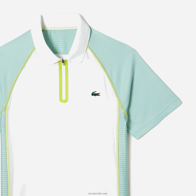 hombres Lacoste blanco verde claro amarillo awc polo de tenis de poliéster reciclado con tecnología ultra-dry N6XZ2137