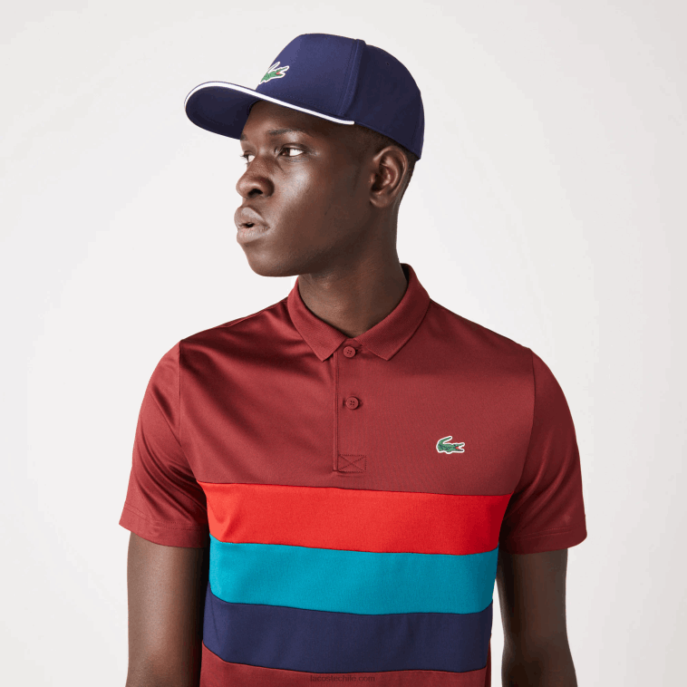 hombres Lacoste burdeos rojo verde azul yjy polo deportivo de golf con rayas tricolores N6XZ2825