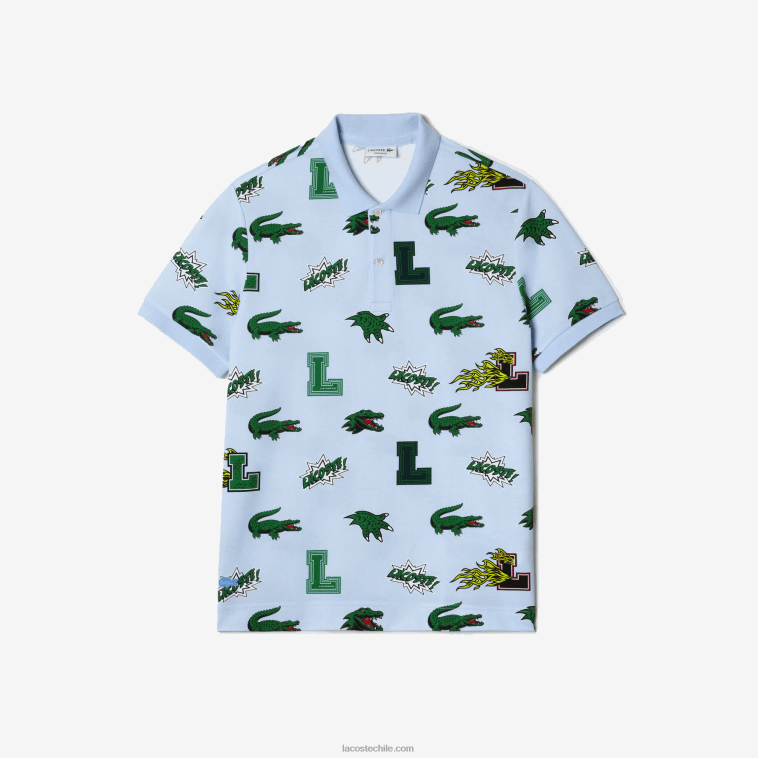 hombres Lacoste eep azul blanco polo de corte regular con estampado de cocodrilo N6XZ2629