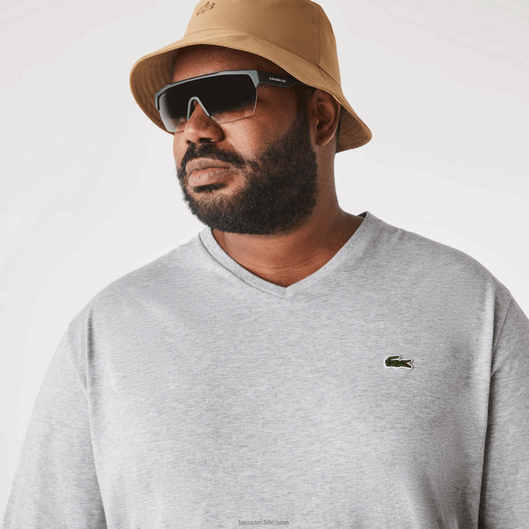 hombres Lacoste lomo gris cca polo de algodón con cuello de pico de canalé regular fit (talla grande) N6XZ2765