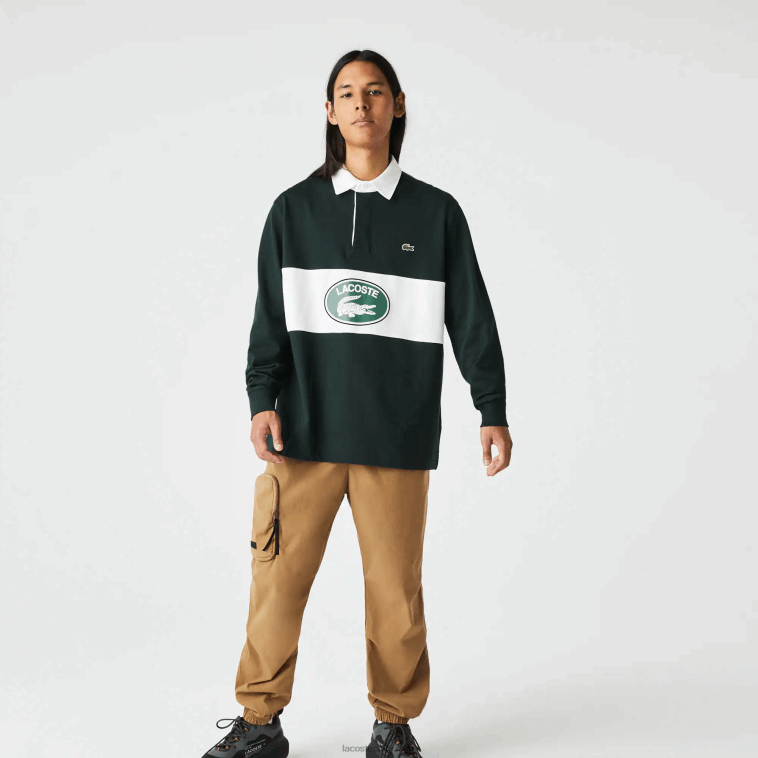hombres Lacoste yzp verde polo de rugby holgado con logo N6XZ21687