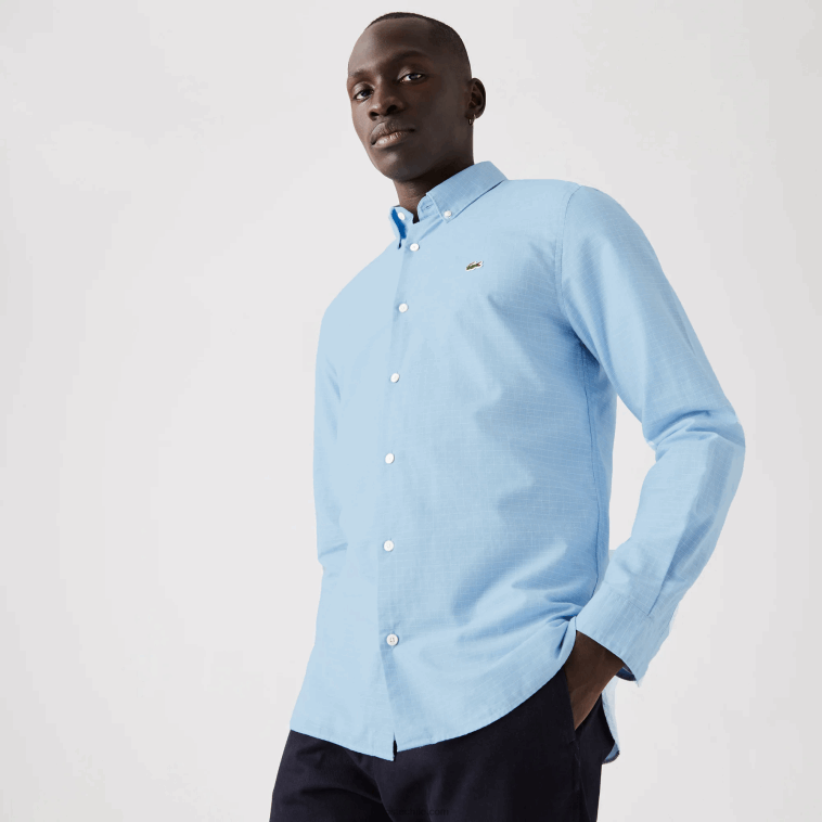 hombres Lacoste azul blanco fv2 camisa de cuadros de algodón y lino slim fit N6XZ21647