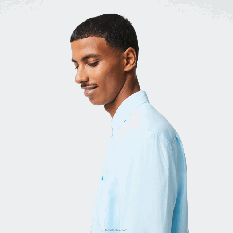 hombres Lacoste azul claro t01 camisa de lino N6XZ2468
