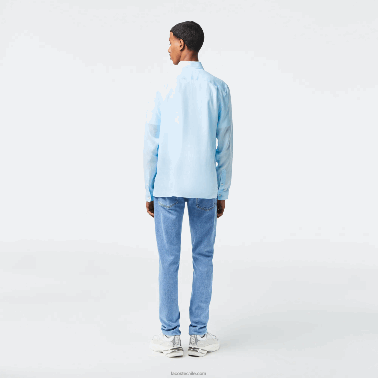 hombres Lacoste azul claro t01 camisa de lino N6XZ2468