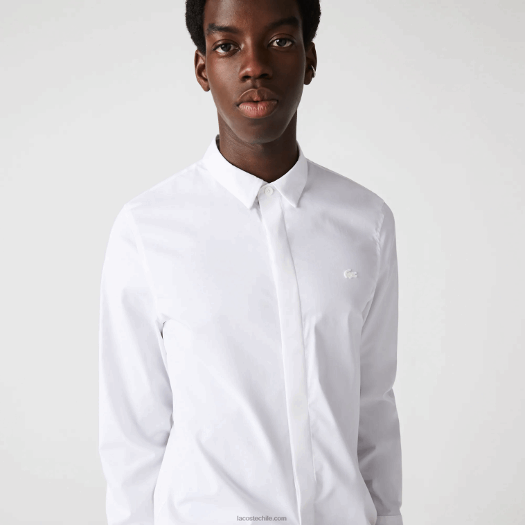 hombres Lacoste blanco 001 Camisa slim fit de popelín de algodón elástico con tapeta oculta N6XZ21648
