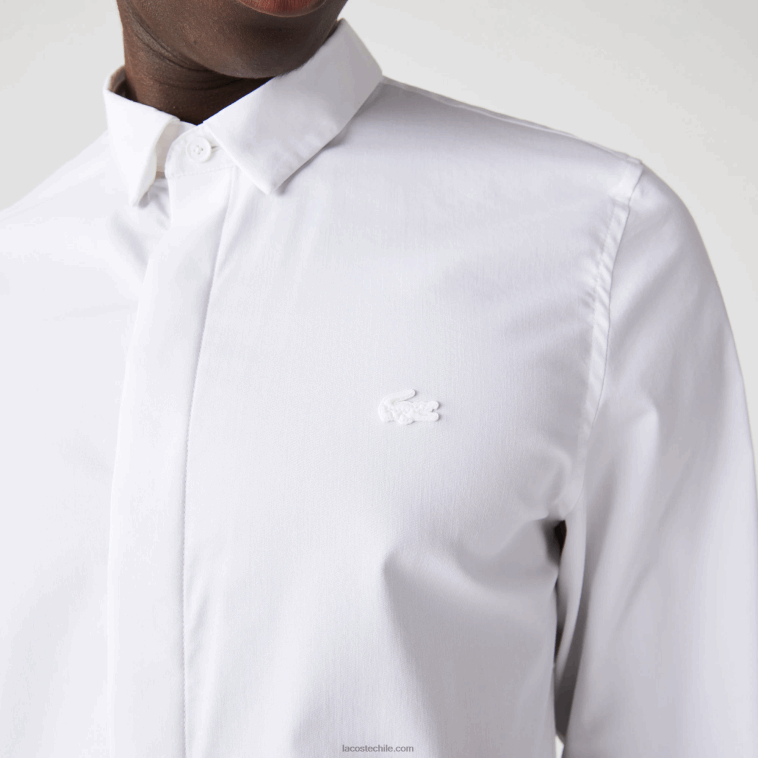 hombres Lacoste blanco 001 Camisa slim fit de popelín de algodón elástico con tapeta oculta N6XZ21648