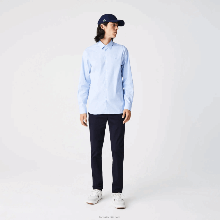 hombres Lacoste blanco azul f6z camisa slim fit de popelina elástica a rayas N6XZ2400