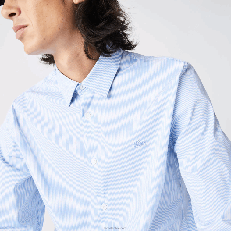 hombres Lacoste blanco azul f6z camisa slim fit de popelina elástica a rayas N6XZ2400