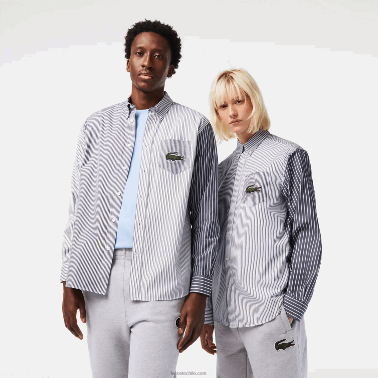 hombres Lacoste blanco azul marino 522 camisa de algodón con rayas de cocodrilo grande N6XZ2493