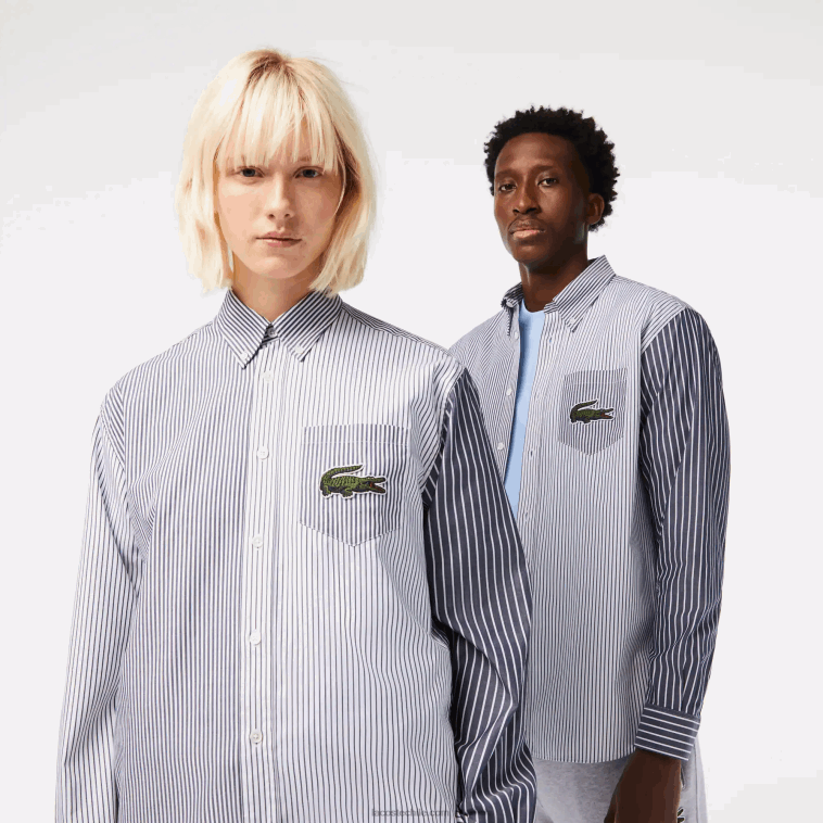 hombres Lacoste blanco azul marino 522 camisa de algodón con rayas de cocodrilo grande N6XZ2493