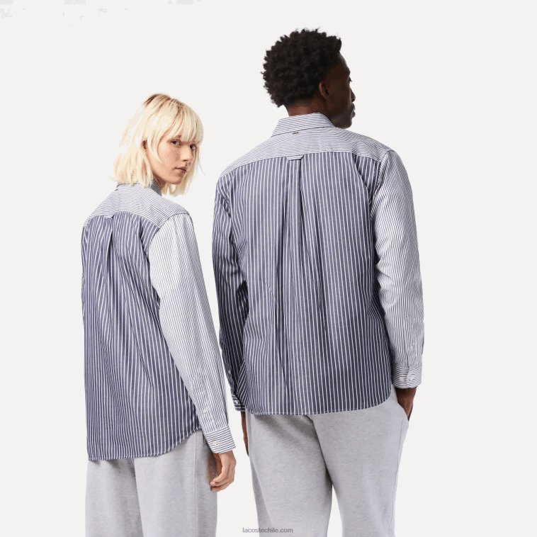 hombres Lacoste blanco azul marino 522 camisa de algodón con rayas de cocodrilo grande N6XZ2493