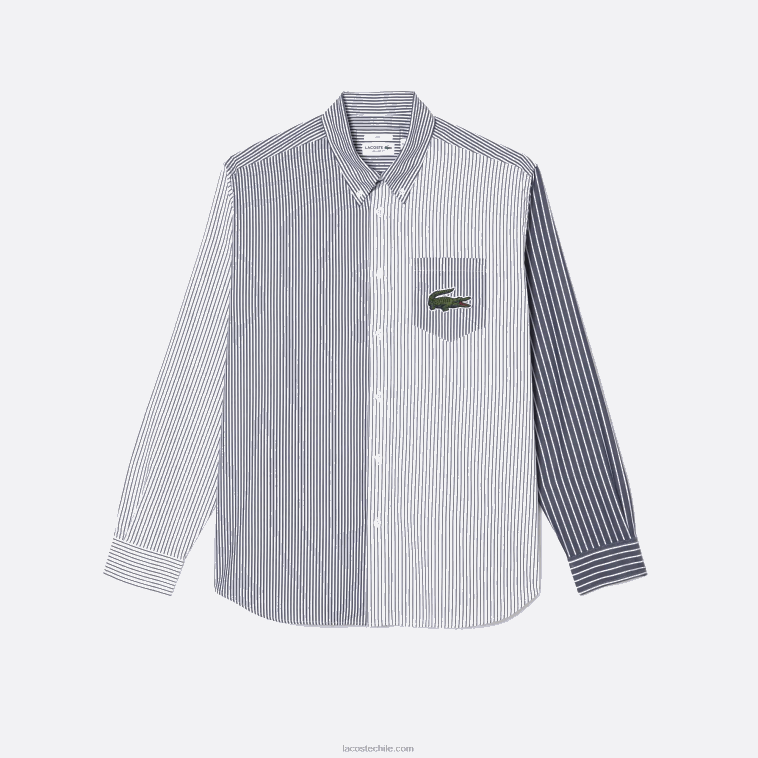 hombres Lacoste blanco azul marino 522 camisa de algodón con rayas de cocodrilo grande N6XZ2493