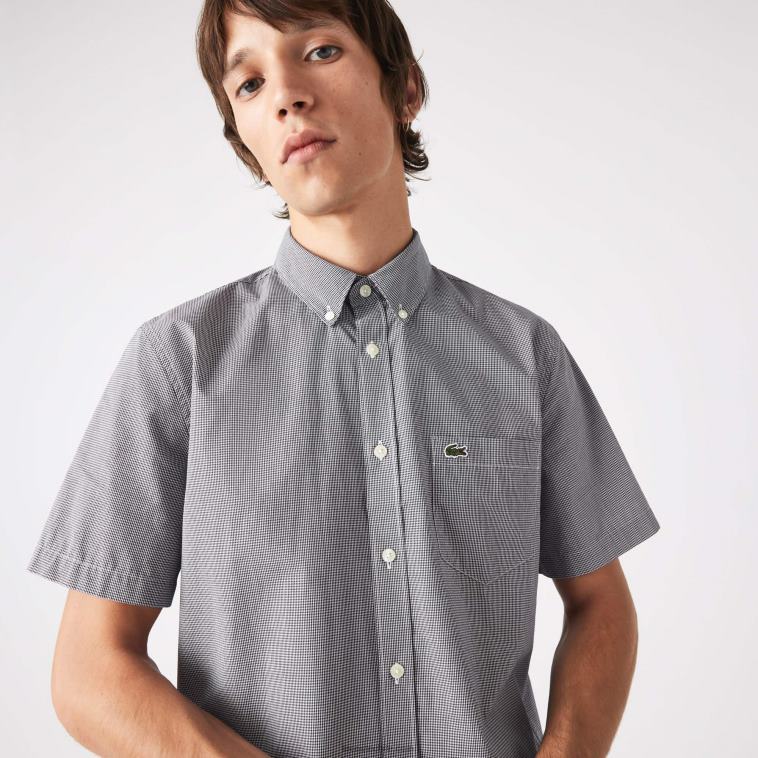 hombres Lacoste blanco azul marino 522 camisa de cuadros vichy regular fit N6XZ21552